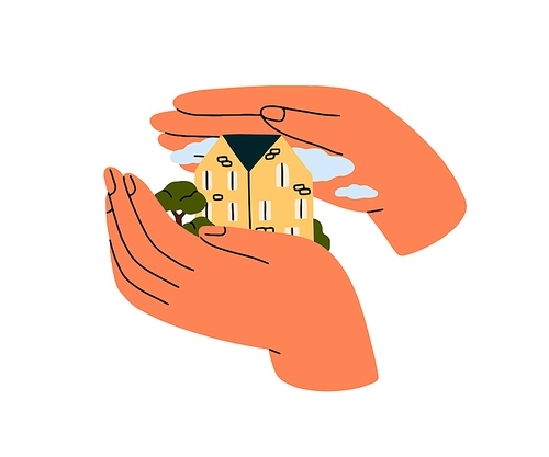 Sweet home care and protection. Hands holding, covering, protecting native house with love. Real estate insurance, safety, security concept. Flat vector illustration isolated on white background.