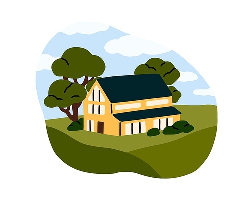 House in nature. Rural suburban home building outdoor. Countryside real estate, exterior. Secluded country private mansion, detached property. Flat vector illustration isolated on white background.