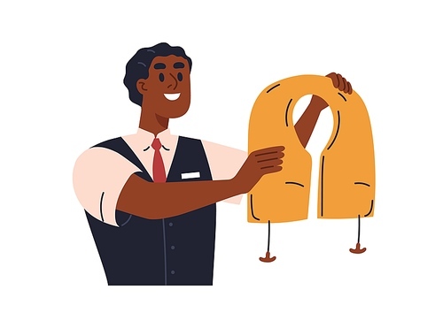 Flight attendant showing life vest during safety instructions in airplane. Black man steward instructing, explaining, demonstrating security rules for air plane emergency. Flat vector illustration.