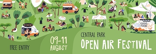 Open-air festival banner design. Outdoor fest, public picnic, camp, weekend event in park on summer holiday. Promotion background with food trucks, tiny people in nature. Flat vector illustration.