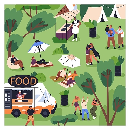 Open-air food festival, public picnic in park, square card. Outdoor summer fest in nature. Happy tiny people, holiday leisure, weekend hangout, characters dancing, eating. Flat vector illustration.
