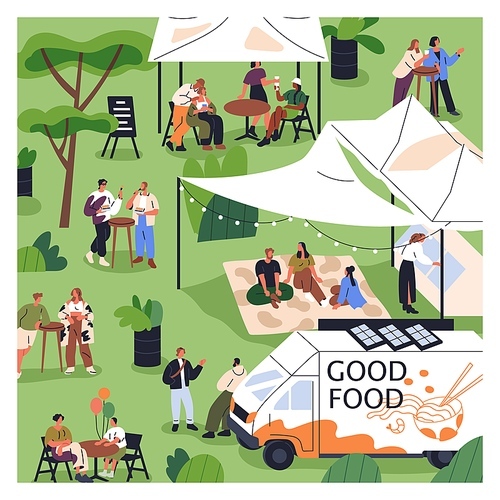 Outdoor open-air festival with street food trucks, tents. Tiny people relaxing in nature, at public picnic in park, relaxing on grass. Characters at summer holiday fest. Flat vector illustration.