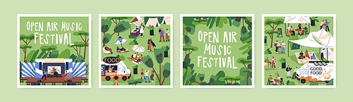 Open-air festival, outdoor summer concert, public picnic in park. Square card designs for food and music fest, vacation party, entertainment event in nature. Isolated flat vector illustrations set.