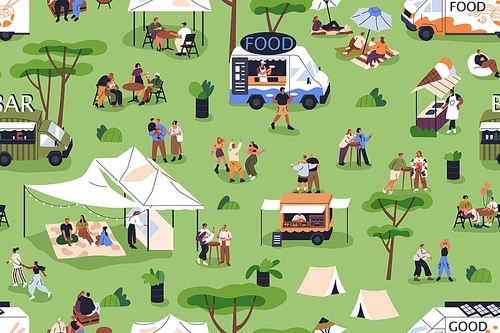 Open-air festival in park. People relaxing at street food fest with trucks, tents. Public picnic, camp in nature on summer holiday, weekend leisure. Crowd at outdoor event. Flat vector illustration.