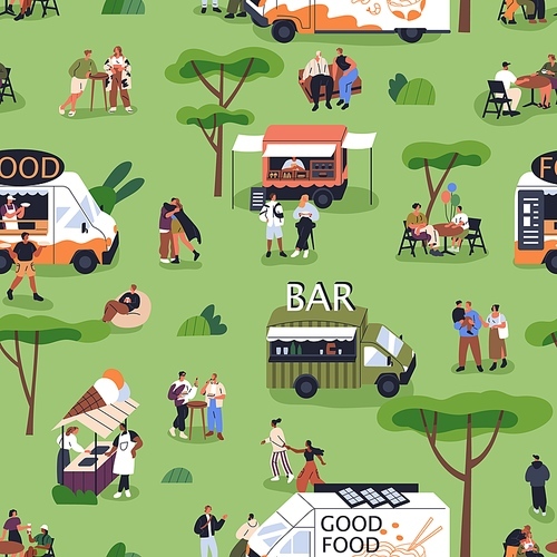 Open-air festival in park with street food trucks. Tiny people on summer holiday fest, weekend. Outdoor event with happy characters relaxing in nature. Public picnic. Flat vector illustration.