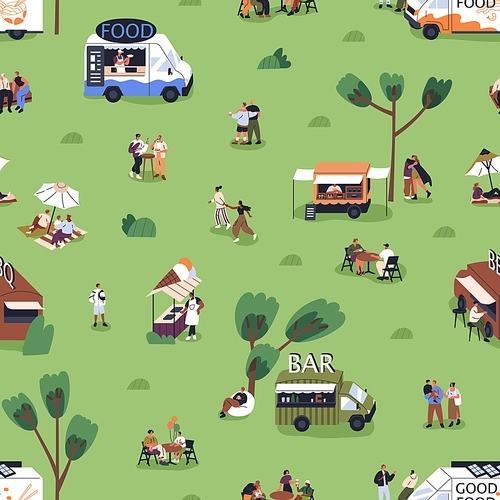 Open-air, street food festival. Summer holiday fest in park, nature with tiny people relaxing on vacation, at weekend. Characters gathering at outdoor event, public picnic. Flat vector illustration.