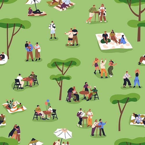 Open-air street festival, seamless pattern. Endless background, print with tiny people relaxing at outdoor fest in park, nature on summer holiday. Flat vector illustration for textile, decoration.
