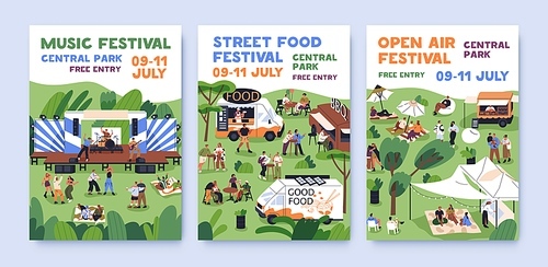 Summer open-air festival, advertising posters set. Music fest, holiday picnic in nature with food trucks, promotion cards. Placard background designs, templates. Isolated flat vector illustrations.