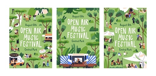 Open-air music and street food festival, posters and flyers set. Outdoor fest, summer holiday picnic in park. Promotion placard designs with tiny people in nature. Isolated flat vector illustrations.