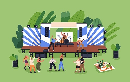 Music band, live outdoor concert on stage. Open-air festival with people, audience dancing, relaxing on grass at summer weekend fest. Musicians performance, show in park. Flat vector illustration.