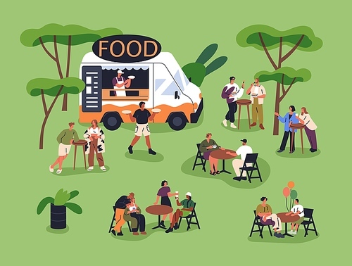 Food truck with street snacks outdoors. Tiny people eating at cafe van. Characters sitting and standing at tables in nature, park. Relaxing on summer holiday, weekend. Flat vector illustration.