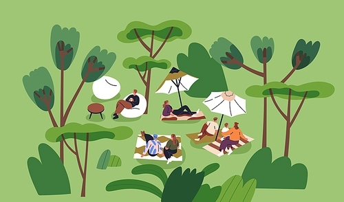 People relaxing outdoors, lying on picnic blankets, grass in park. Tiny characters resting in nature on summer holiday, weekend. Family, couple, friends, leisure time outside. Flat vector illustration.
