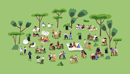 Characters relaxing in park on summer holiday. Tiny people resting at open-air festival in nature, meeting, gathering outside. Outdoor relaxation, picnic, weekend leisure. Flat vector illustration.