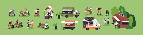 Open-air festival set. Food trucks, tiny people relaxing outdoors in park, nature on summer holiday, vacation. Street cafe trailers, characters resting at tables. Isolated flat vector illustrations.