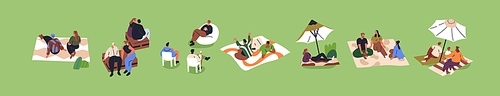 Tiny people relaxing outdoors. Families, friends, couples resting in nature, lying, sitting on blankets, grass, chairs outside in park at summer weekend. Isolated flat graphic vector illustrations.