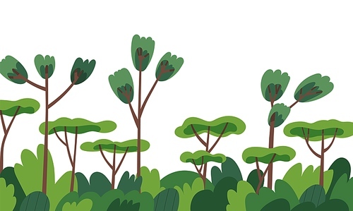 Green plants, trees border. Leaf forest decor. Natural decorative edge, botanical decoration with leaves, trunks, shrubs, woodland. Modern flat vector illustration isolated on white background.