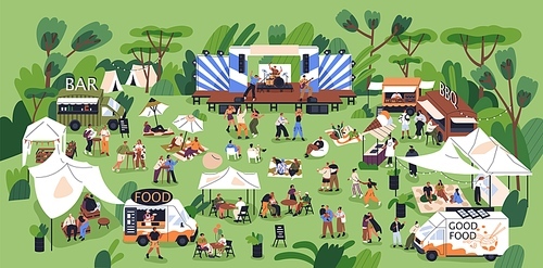 Music festival, open-air concert with outdoor stage, live performance, dancing people in nature, food trucks and tents. Summer public entertainment party, picnic in park. Flat vector illustration.