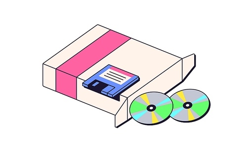 Floppy disk and discs in 90s retro style. Diskettes for saving information, data. Memory, backup container symbol, nostalgia retrowave technology. Flat vector illustration isolated on white background.
