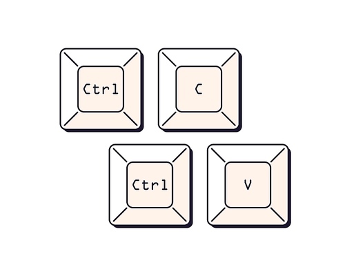 Ctrl C and V, keyboard buttons. Control keys, shortcut commands for copy paste. Keypad combinations for input, insert information, plagiarizing. Flat vector illustration isolated on white background.