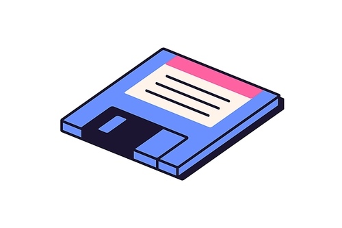 Diskette, floppy magnetic disk, 90s computer memory. Information, data storage concept. Retro old isometric icon in retrowave technology style. Flat vector illustration isolated on white background.