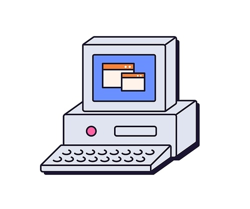 Old retro desktop PC. 1990s personal computer. 90s technology, electronic machine with monitor and keyboard, nostalgia tech icon. Flat graphic vector illustration isolated on white background.
