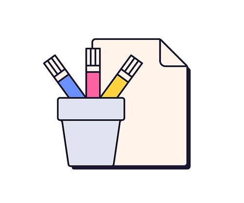 Paint icon in retro 90s style. Paper and pencils in bucket. Painting and drawing, art tool. Nostalgic old element in 1990s aesthetic. Flat graphic vector illustration isolated on white background.