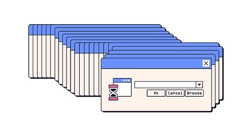 Dialog windows, error on crashed froze computer. 00s retro virus, problem, bug with repeated endless popups, system notifications. Flat graphic vector illustration isolated on white background.