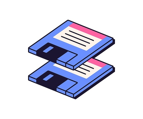 Floppy magnetic disks, computer diskettes icon in retro old 90s technology aesthetics. Information files, backup memory discs for data saving. Flat vector illustration isolated on white background.