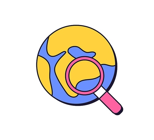 Earth globe and magnifying glass, lens, retro 90s icon. Global search, world internet concept. Magnifier on map planet in retrowave style. Flat graphic vector illustration isolated on white background.