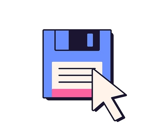 Mouse cursor on diskette, floppy disk symbol. Arrow pointer pointing at magnetic disc, file in old retro computer style of 90s and 00s design. Flat vector illustration isolated on white background.
