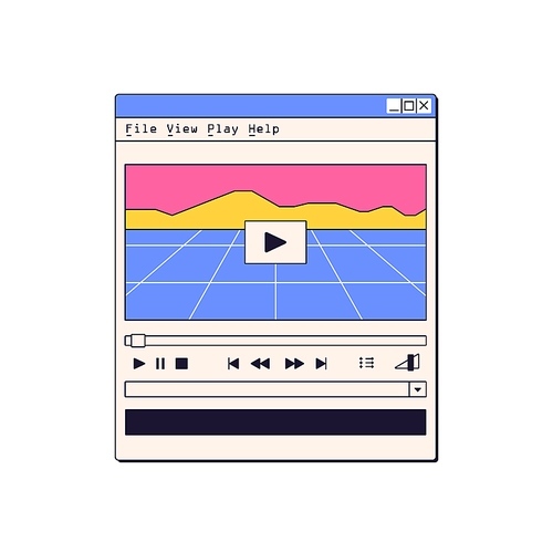 Video player, window interface with buttons in retro 90s style. Digital media playing software, vaporwave UI. Old movie watching program. Flat graphic vector illustration isolated on white background.