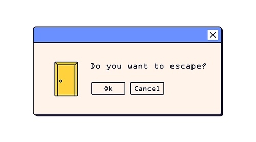 Retro dialog window, computer message box in 90s, 00s design style. 1990s UI, digital screen popup interface with question about escaping. Flat vector illustration isolated on white background.