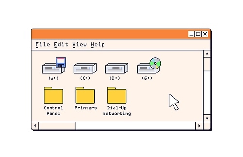 Computer window, retro interface. Old 90s nostalgic UI design, system drives, folders, files. 1990s nostalgia aesthetic. Retrowave technology. Flat vector illustration isolated on white background.