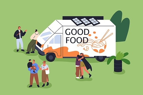 People at street food truck. Mobile auto cafe on wheels, tiny characters walking, relaxing outdoors in nature. Eco car with snacks in park on summer holiday, weekend. Flat vector illustration.