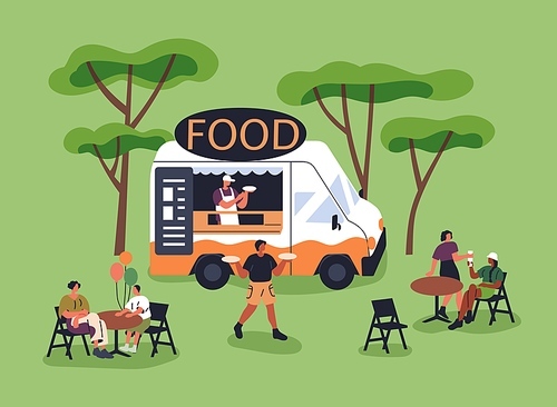 Street food truck, cafe van in nature. Tiny people relaxing, eating, sitting at tables near caravan in park on summer vacation, weekend. Characters resting, eating outside. Flat vector illustration.