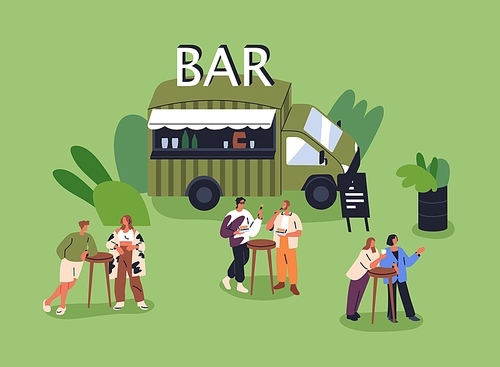 Outdoor bar truck. People relaxing, drinking in nature, standing at tables by street food caravan, mobile cafe. Tiny men, women at leisure in park on summer holiday. Flat vector illustration.