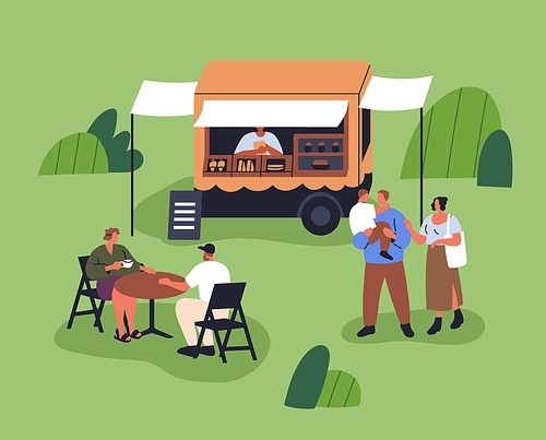 Outdoor street food truck, mobile wheeled cafe van. People relaxing, eating bakery in nature. Tiny characters resting outside in park on summer holiday, vacation, weekend. Flat vector illustration.