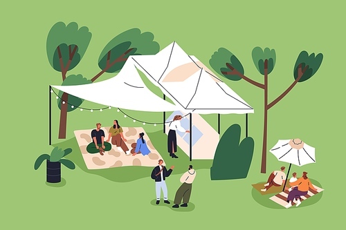 Tiny people relaxing in park at weekend. Characters on blankets, lawn, resting under tents, sheds on holiday open-air festival. Outdoor recreation, summer leisure in nature. Flat vector illustration.