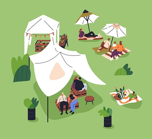 Characters relaxing outdoors in park. Summer weekend leisure in nature at open-air festival. Tiny people resting under tents, on blankets, grass on holiday, public camp. Flat vector illustration.