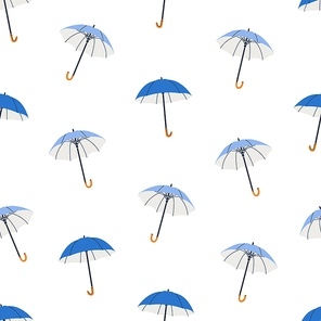 Open straight umbrellas, seamless pattern. Endless background, repeating print with rain weather accessory. Texture design for waterproof textile, fabric, wrapping. Printable flat vector illustration.