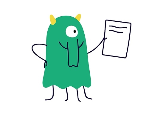 Cute funny character holding business paper sheet in hand. Comic fiction office worker with document, letter, note. Weird monster at work. Flat vector illustration isolated on white background.