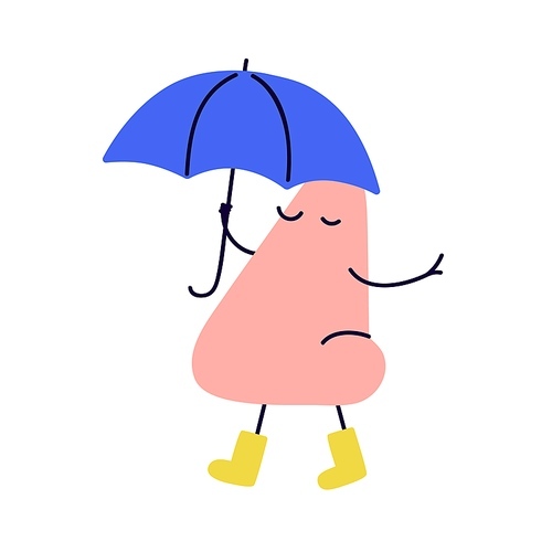 Cute funny abstract character walking with umbrella in hand. Comic fun fluid shape in rubber boots, strolling in rain weather, rainy season. Flat vector illustration isolated on white background.