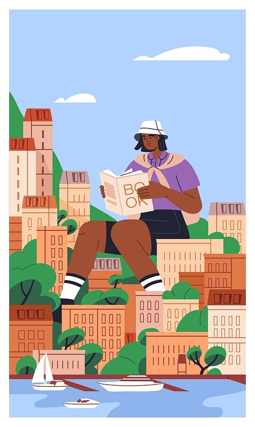 Tourist reading city guide, travel book. Big character reader with encyclopedia at seaside among buildings, relaxing on summer holiday. Imagination, fancy, tourism concept. Flat vector illustration.