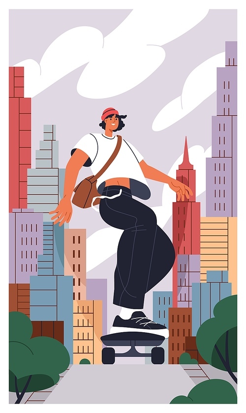 Young skater on skateboard in city downtown, riding among skyscrapers. Happy giant big character, skateboarder on skate board in modern metropolitain with tower buildings. Flat vector illustration.