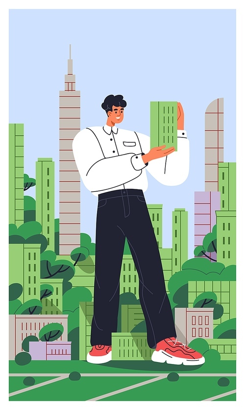 City environment, real estate card. Happy giant character on urban street. Green buildings, eco apartment houses development concept. Architecture and nature, park, trees. Flat vector illustration.
