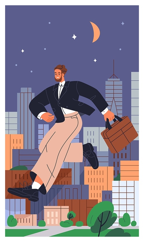 Happy employee, business man flying over night city. Excited office worker, businessman running, jumping over skyscrapers in big metropolis. Fast busy lifestyle concept. Flat vector illustration.