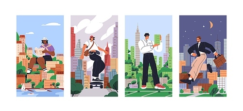 Giant people in city, vertical cards set. Modern urban lifestyle concept. Big huge characters life. Businessman among buildings, gigantic student reading outdoor. Fantastic flat vector illustrations.