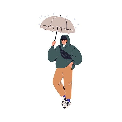 Man walking under umbrella in rainy weather, downpour. Guy holding protecting parasol in hand, going under rain drops, in hood, hoody. Flat vector illustration isolated on white background.