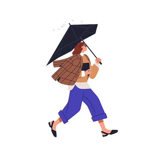 Woman walking in rainy weather. Business female character going, hurrying under umbrella. Person holding angled parasol in hand. Flat graphic vector illustration isolated on white background.