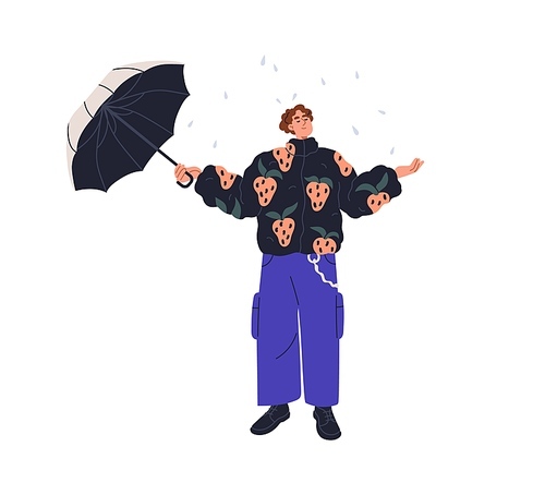 Happy character with umbrella in hand. Smiling delighted man enjoying rain, rainy day, wet weather. Carefree person standing under raindrops. Flat vector illustration isolated on white background.